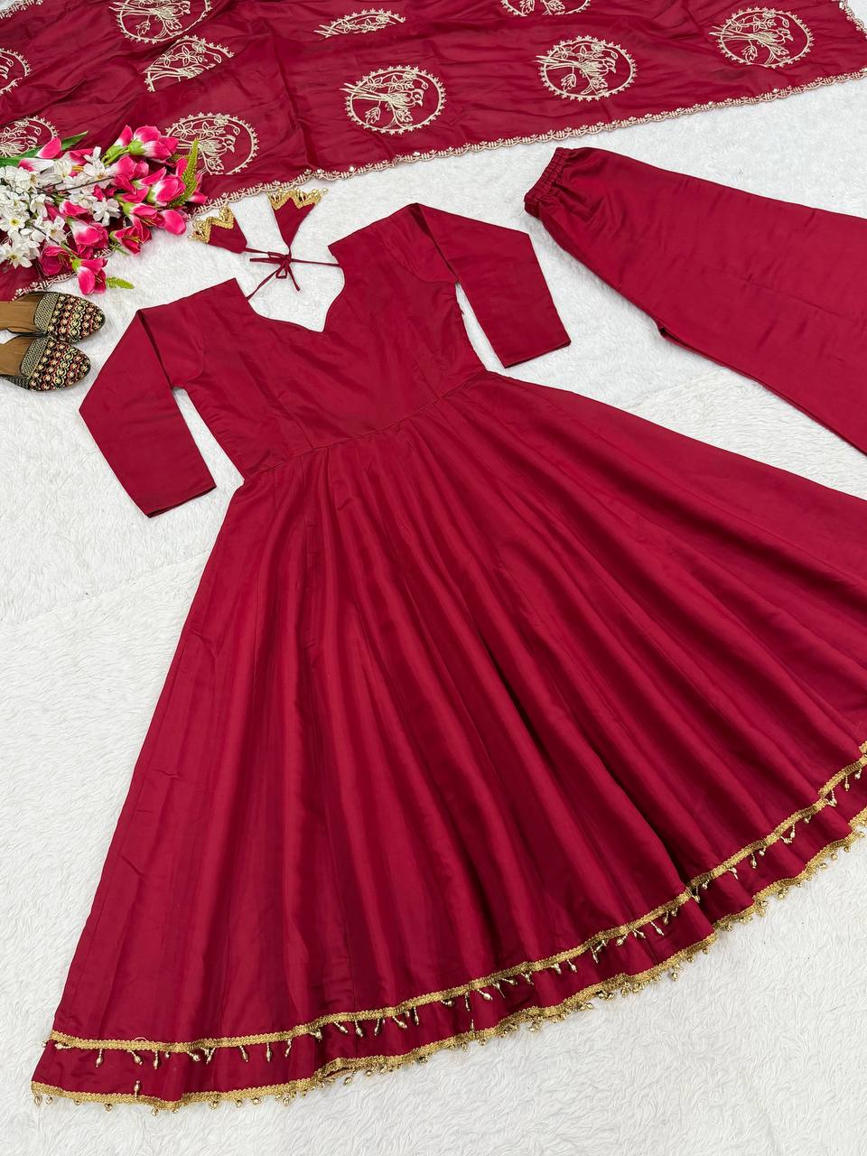 Regal Crimson Red Flared Anarkali Suit Set Adorned with Heritage Gold Motifs and Pearl-Embellished Scalloped Borders